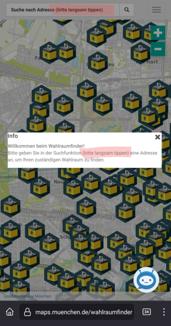 screenshot von https://maps.muenchen.de/wahlraumfinder/ mit dem Hinweis langsam zu tippen, wenn man die Suchfunktion benutzt.