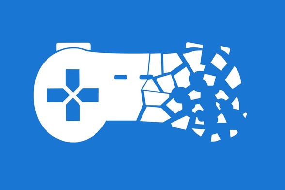 A blue background with a white crumbling game controller (PS2 like) with blue buttons