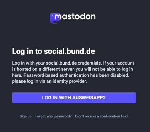 Mastodon login site of social.bund.de, but the username and password fields are missing and are replaced with a 