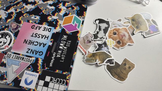 A colorful laptop cover with various stickers, including text and cartoon graphics. Next to it, several cat-themed stickers featuring playful and expressive cats are scattered on a white surface.