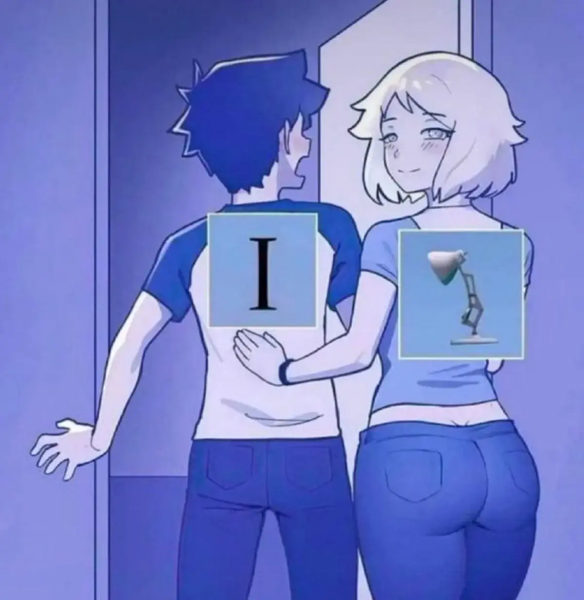 A smiling girl gently pushes an apparently scared boy into a room. She's captioned with that lamp from the Pixar intro that is jumping on the letter i. He's captioned with the letter i.